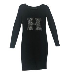 Dem-Ro Women's Black Long Sleeve Knit Sweater Bodycon Dress Faux Studded H Sz XL